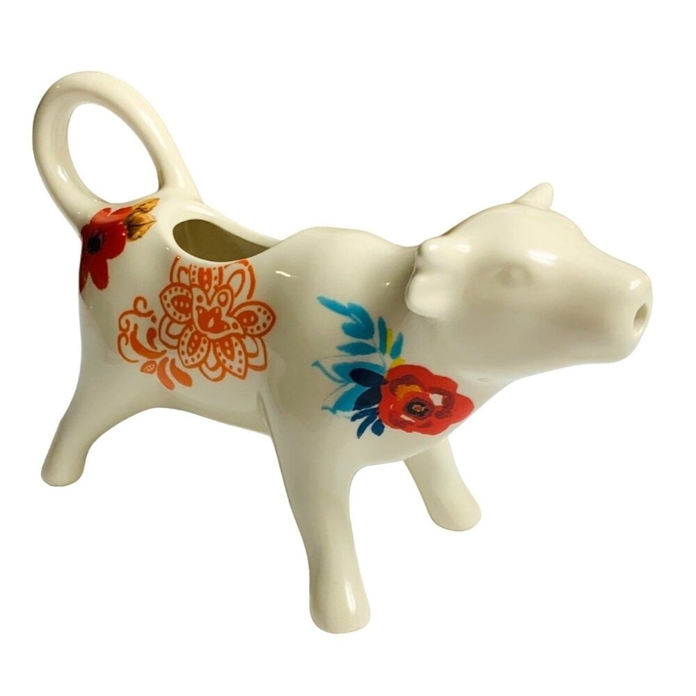 Pioneer Woman Farmhouse Cow Creamer Retro Style Floral Kitchen Stoneware Country